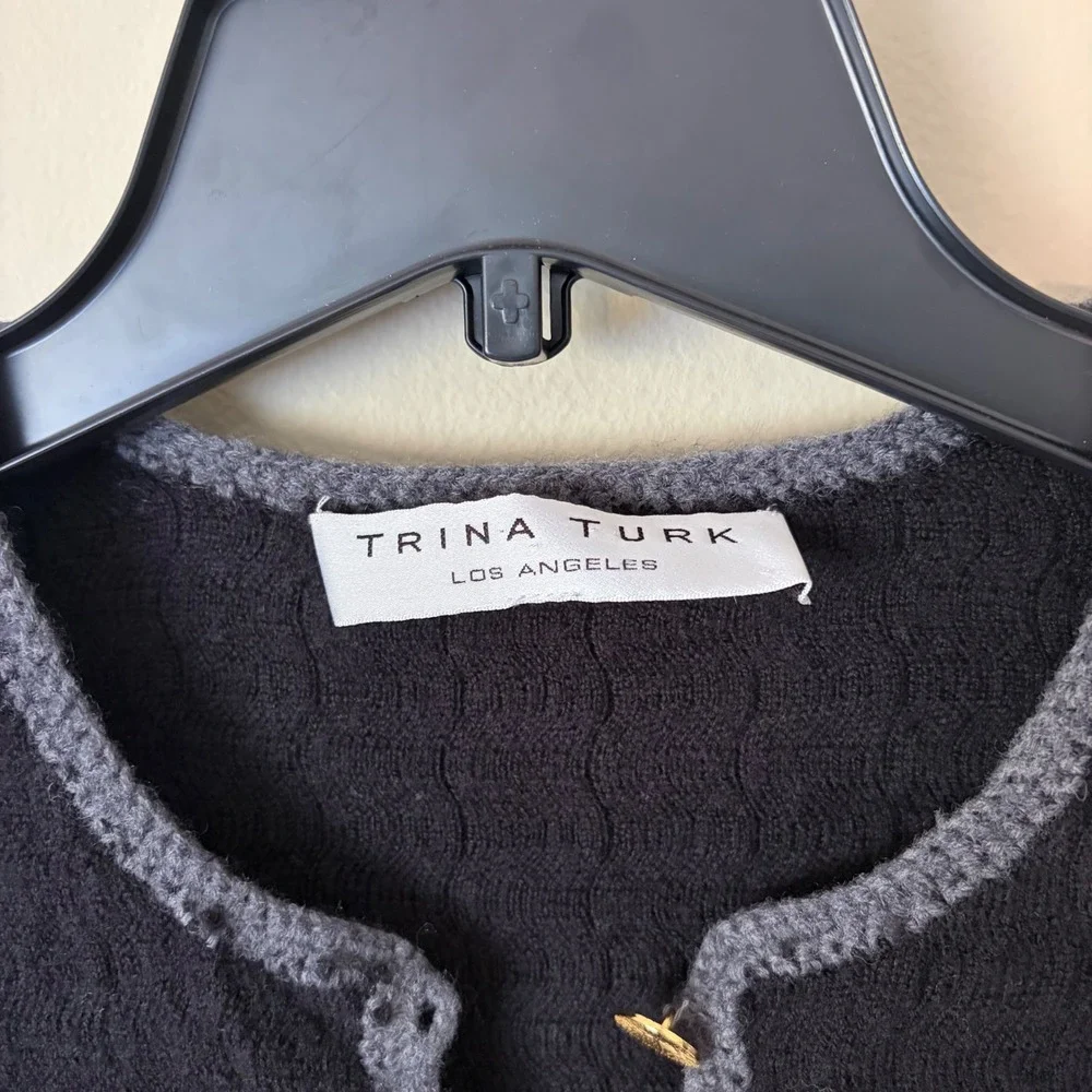 TRINA TURK Black Knit 100%‎ Wool Cardigan Blazer Gold Button Pockets Size S